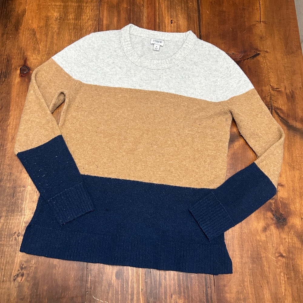 J.Crew Tan Navy and White Striped Color Block Small Women’s Crewneck Sweater